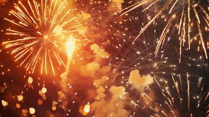 Aufkleber - Vibrant bursts of fiery sparks from large fireworks at evening festivities