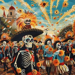 8. A lively Day of the Dead poster depicting a parade with participants in colorful costumes, carrying sugar skulls and marigold bouquets