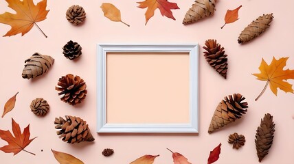 Fall themed arrangement with dried foliage cones and a white frame against a pastel isolated pastel background Copy space Symbolizing autumn and Thanksgiving Overhead view minimalist style empt