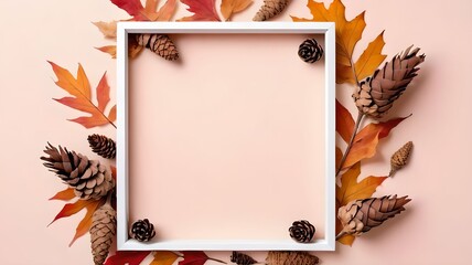 Fall themed arrangement with dried foliage cones and a white frame against a pastel isolated pastel background Copy space Symbolizing autumn and Thanksgiving Overhead view minimalist style empt