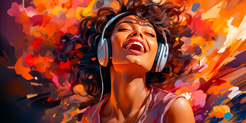 A unique generative AI illustration of a woman enjoying a music festival. A stunning visual representation of joy and celebration. Reflects the essence of diversity and beauty in art.