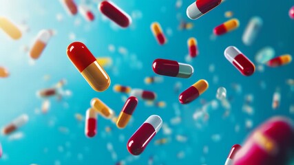Poster - Colorful capsules and pills floating against a blue background. Healthcare and pharmaceutical industry concept, medication and treatment representation 