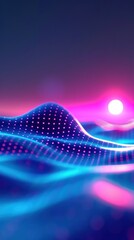 Poster - A digital landscape with a glowing sun setting over blue and pink waves