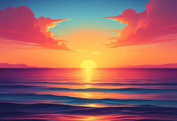 Wall Mural - Retro soft sunset by the sea and mountains. 80's, retrowave style. Summer travel, vacation, honeymoon, paradise. Copy space. Design for poster, flyer, banner.