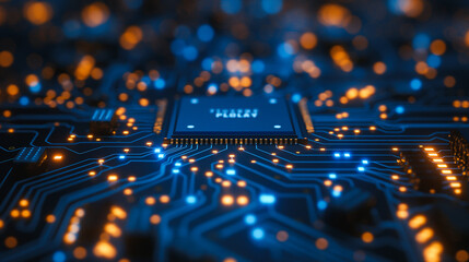 Poster - Futuristic blue circuit background with a 3D focus on technology and chip advancements.