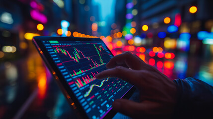 Poster - Investors and stock exchange traders using advanced software to predict and monitor market behavior, shown from a tablet device zoomed out.