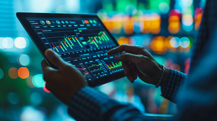 Poster - Investors and stock exchange traders using advanced software to predict and monitor market behavior, shown from a tablet device zoomed out.
