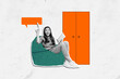 © deagreez - Composite photo collage of happy girl sit beanbag hold notepad pencil idea finding wardrobe indoor speech isolated on painted background