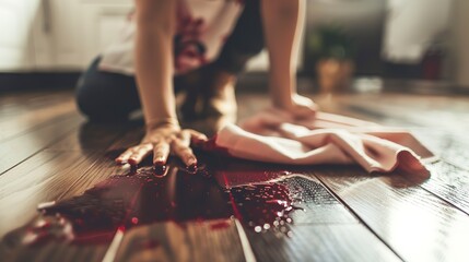 Poster - Spilled red wine on wooden floor being cleaned by a woman with an absorbent fabric.