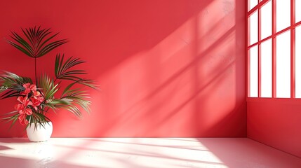 Canvas Print - Abstract red studio background for product presentation Empty room with shadows of window and flowers and palm leaves 3d room with copy space Trendy Color of the Year 2023 viva magent