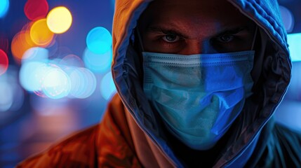 Young handsome man wearing medical protective face mask and hood in the dark night