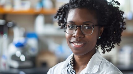 Joyful African American female scientist in a medical laboratory gazing at the camera