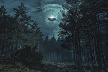 Aufkleber - A mysterious image showing a UFO hovering over a dark, dense forest under the eerie glow of moonlight, invoking a sense of wonder and intrigue about extraterrestrial life.