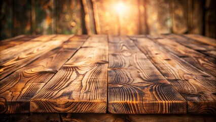 Wall Mural - Weathered vintage wooden table surface with natural cracks, knots, and rough brown texture in abstract background with warm light accents.