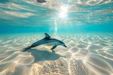 Aufkleber - This image captures a dolphin swimming gracefully in a clear underwater seascape, with sunlight streaming through the water, highlighting the beauty and freedom of marine life.