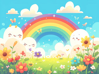 Sticker - spring landscape with rainbow