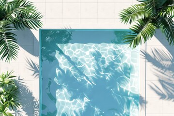 Poster - An aerial view capturing a pristine swimming pool with sparkling water and shadows of surrounding palm trees, showcasing a refreshing and tropical atmosphere.
