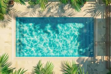 Poster - This image captures a top-down view of a tranquil swimming pool, showcasing its clear sparkling water surrounded by lush green palm leaves and plants, bathed in sunlight.
