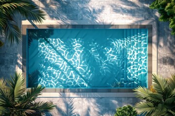 Poster - An aerial top view of a tranquil swimming pool with crystal clear water reflecting the sunlight and surrounded by palm trees, creating a serene and relaxing visual.