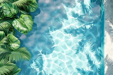 Poster - The image shows lush green palm leaves overhanging clear blue water, where the sunlight creates beautiful ripples and the silhouette of the palms patterns the pool's surface.