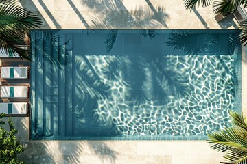 Poster - The image features a calm pool with stairs on one side, surrounded by tropical green plants, creating a serene and inviting atmosphere under a warm, sunny sky.