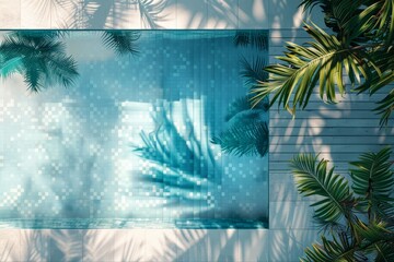 Poster - This image features a clear blue tiled pool with overhanging palm leaves catching the sunlight, reflecting the tropical theme and inviting ambiance of a sunny vacation retreat.