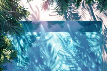 Poster - A serene swimming pool bathed in sunlight, with palm frond shadows dancing on the clear blue water surface, creating a tropical and tranquil atmosphere.