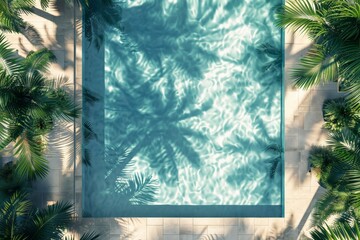 Poster - Calming swimming pool in an elegant setting with bright sunlight illuminating the water, surrounded by lush palm trees providing a tropical ambiance.
