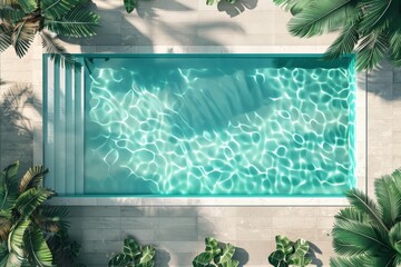 Poster - A luxurious swimming pool nestled among lush green palm trees. The clear blue water glistens under the bright sunlight, inviting a sense of relaxation and escape.