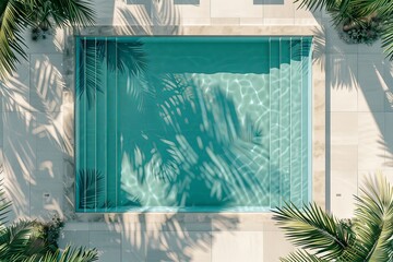 Poster - A beautiful modern swimming pool seen from above, reflecting clear blue water with shadows of surrounding palm trees, creating an inviting summer atmosphere.