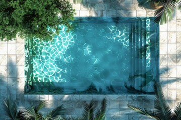 Poster - An inviting swimming pool captured from above, reflecting tree and palm shadows in its clear blue water. The scene evokes a sense of summertime leisure and tranquility.