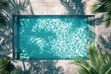 Poster - This image captures a top-down view of a swimming pool, showcasing the clear blue water reflecting shadows from surrounding palm trees, evoking a warm lazy day feeling.
