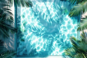 Poster - A stunning aerial view of a geometric swimming pool with crystal clear water, surrounded by lush palm trees casting shadows, creating an exotic and refreshing visual treat.