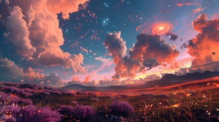 Poster - A captivating sunset with vibrant colors and stars speckling the sky, casting a serene light over a vast purple grassy field, creating a dreamy and peaceful scene.