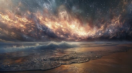 Poster - A mystical night beachscape with the ocean waves gently lapping the shore, under a starlit sky and glowing clouds, evoking wonder and serenity in a surreal scene.