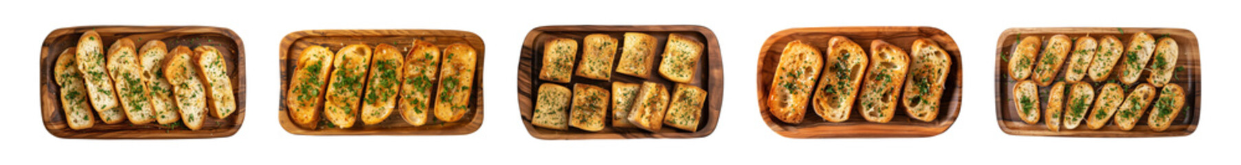 Collection of garlic breads on wooden plates isolated on a transparent background, top view, cut out, PNG