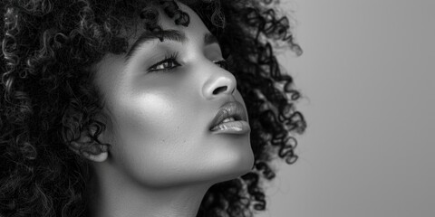 A black and white photo of a woman with curly hair, suitable for use in portraits or as a decorative element