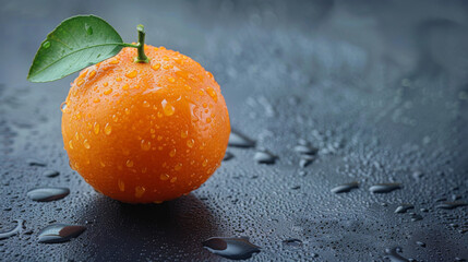 Wall Mural - Single fresh orange with green leaf and water droplets on dark wet surface, showcasing freshness and detail.