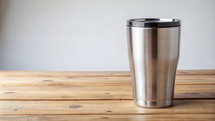 Wall Mural - Isolated white background with a stainless steel insulated cup and matching silver lid on a clutter-free wooden desk.