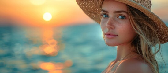 Sticker - Woman in a Straw Hat at Sunset by the Sea