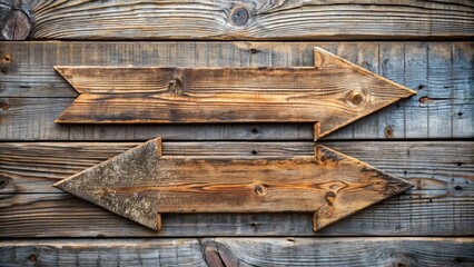 Wall Mural - Isolated wooden arrow signs with rustic edges and distressed textures pointing in opposite directions on a weathered wooden background.
