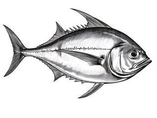 Black and white Vintage engraved art of a pompano isolated on white background, ink sketch illustration, simple vector art design, highly detailed line art, high contrasty.