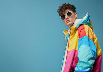  A fashion model wearing colorful windbreakers and sunglasses, posing against an isolated blue background withcopyspace/banner/design