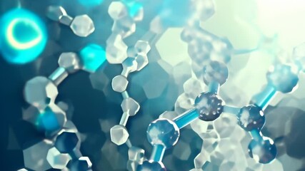 Poster - Close-up of molecular structure with glowing blue connections and bokeh effect. Ideal for medicine, biotechnology, and scientific research themes 