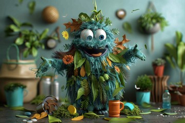 A whimsical, furry, and leafy character with large expressive eyes stands in a nature-inspired setting filled with plants, flowers, and everyday objects, radiating joy.