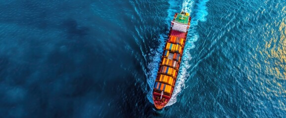 Poster - A cargo ship sailing across the ocean viewed from above