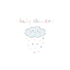 Sticker - Smiling rain cloud print with confetti hearts. Baby shower simple nursery cute hand drawn cartoon illustration in pastel palette. Isolate on a white background.