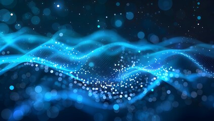 Poster - Abstract digital background with blue glowing dots forming wave patterns on a dark gradient, representing data flow and technology waves. Abstract digital background with blue glowing dots forming wav