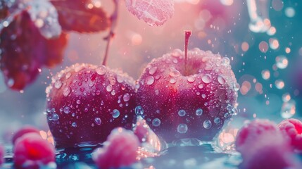 Wall Mural - Close-Up of Fresh Red Apples with Dew Drops and Bokeh Background