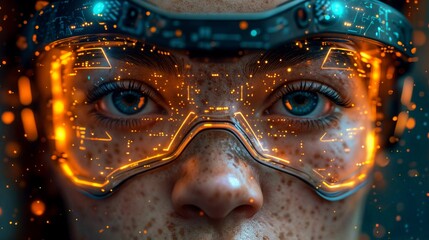 A close-up of the face of a cyberwoman, wearing a helmet with orange lights.